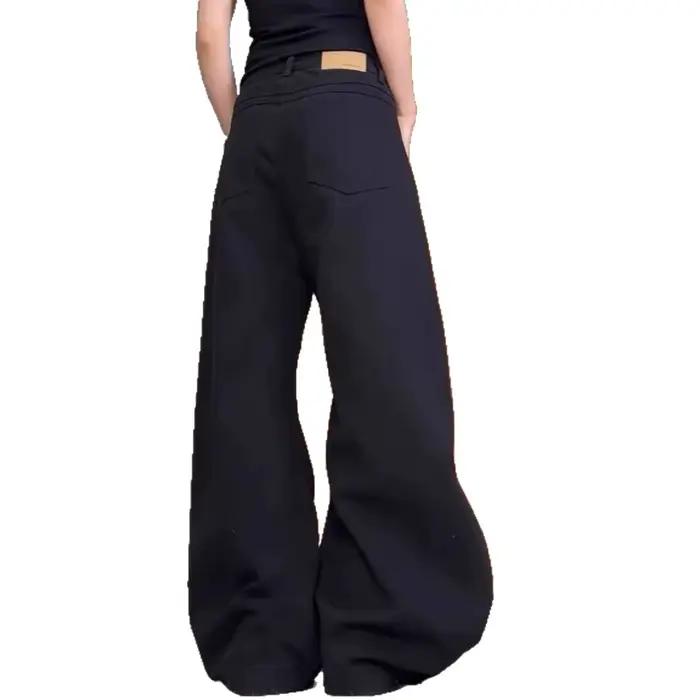 Jean en denim noir drapé taille basse coupe ample jambe large amincissant pour femme – Nouvelle collection