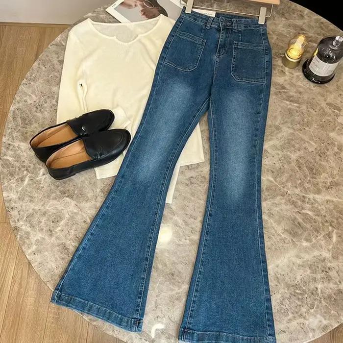 Nouveau Jean délavé taille haute pour femmes poches de Style coréen pantalon évasé en Denim mince dames Vintage Stretch