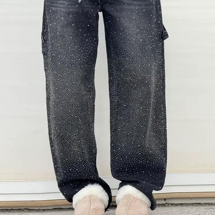 Nouveau femmes brillant luxe tout strass rose Denim jean pantalon taille haute jambe droite