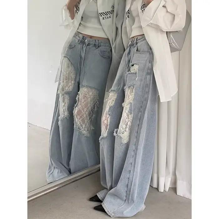 Dentelle déchirée américaine rétro Y2K années 2000 épissée ​ ​ Jean femme ample jambes larges 2025 Style d'été Design taille haute pantalon droit