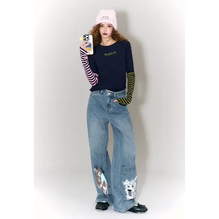 ELFSACK Jeans à jambes larges à imprimé animal graffiti tendance pour femme
