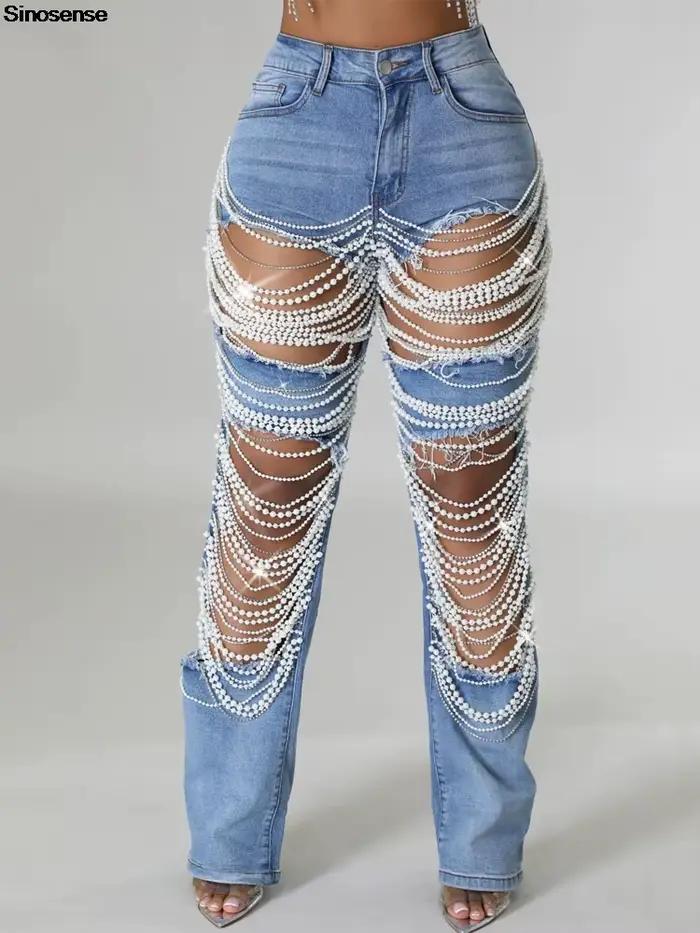 Pantalon en Denim à trous déchirés détruit pour femmes