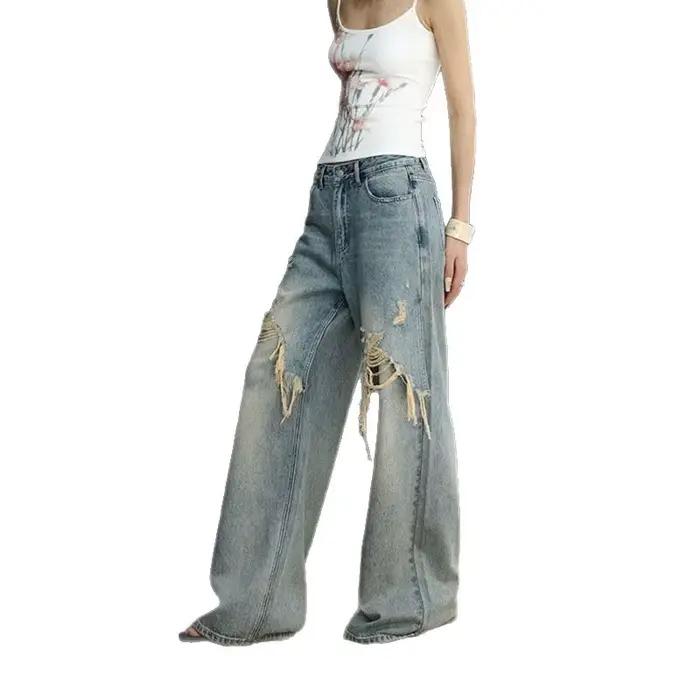 Nouveau Jean bywindto Femme 2026 Tendance Effet Usé Coupe Ample Décontracté Jambes Larges Droites Longues Polyester Coton Mélangé Occasions Spéciales