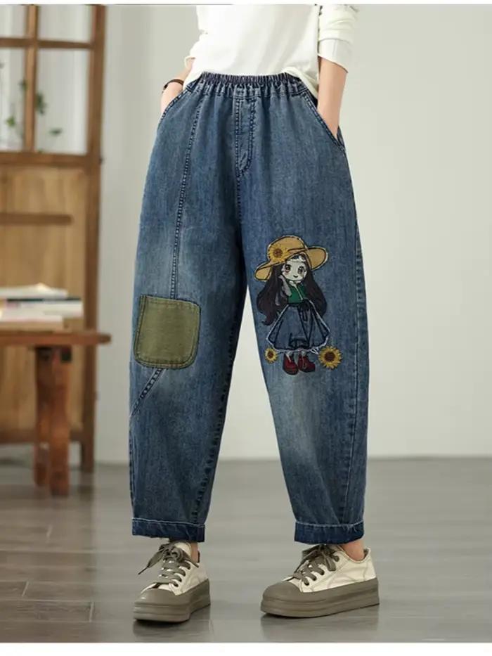 Surdimensionné printemps automne décontracté ample jean vintage broderie nouveau