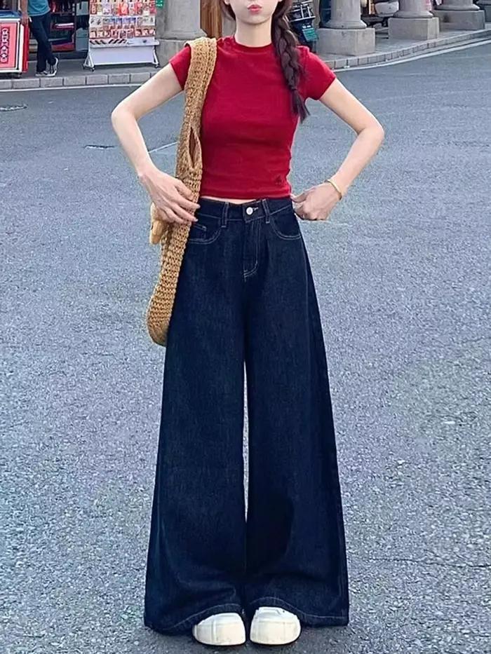 Jean bleu foncé à jambe large pour femme, coupe droite, longueur au sol, polyester, tendance et décontracté pour toutes les saisons