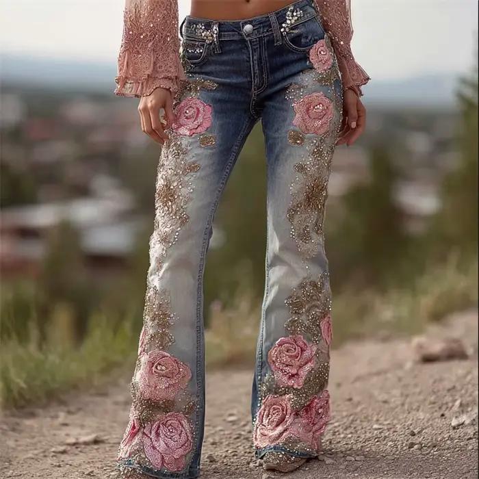 Pantalon évasé en jean imprimé 3D pour femme
