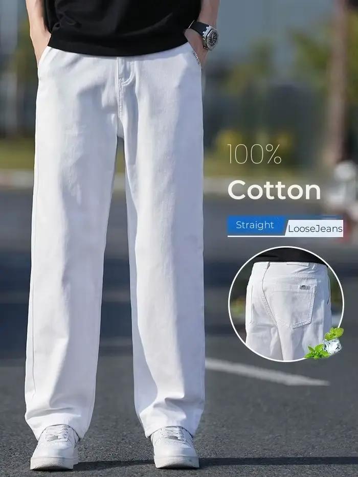 100% coton mode jean ample hommes printemps été mince droit lavé respirant blanc Denim pantalon décontracté affaires