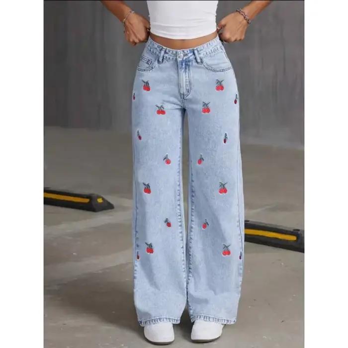 Jean brodé taille haute pour femmes