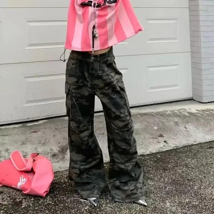 Nouveau 2025 Camouflage Cargo jean femmes Vintage taille haute automne Y2K pantalon à jambes larges femme vêtements de