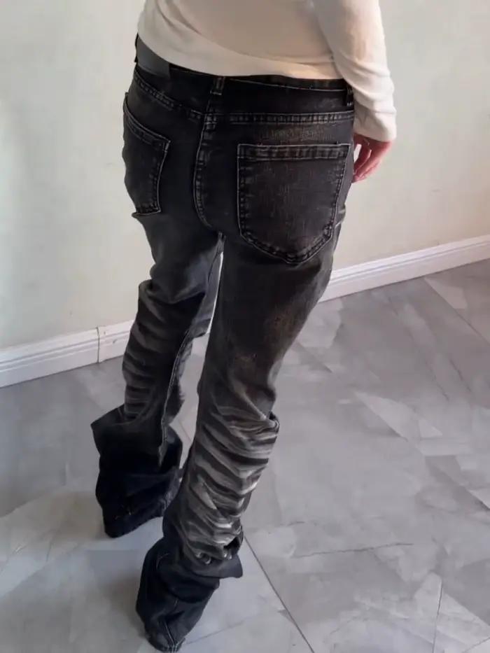 Jeans slim empilés délavés et usés style gothique rétro Y2K