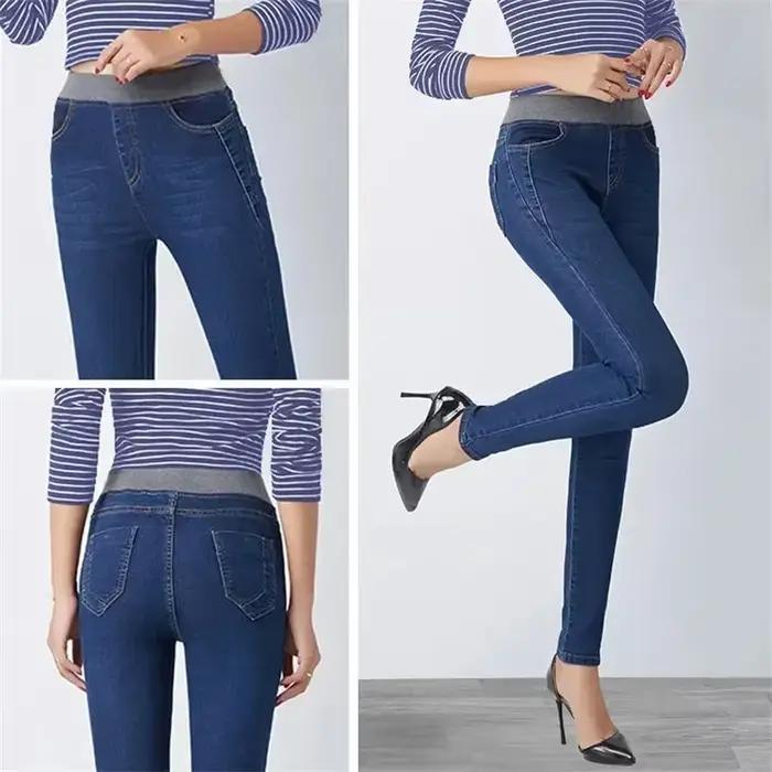 Hiver Plus velours Stretch jean femmes surdimensionné 40 taille haute maigre Vaqueros épais chaud Denim pantalon mode