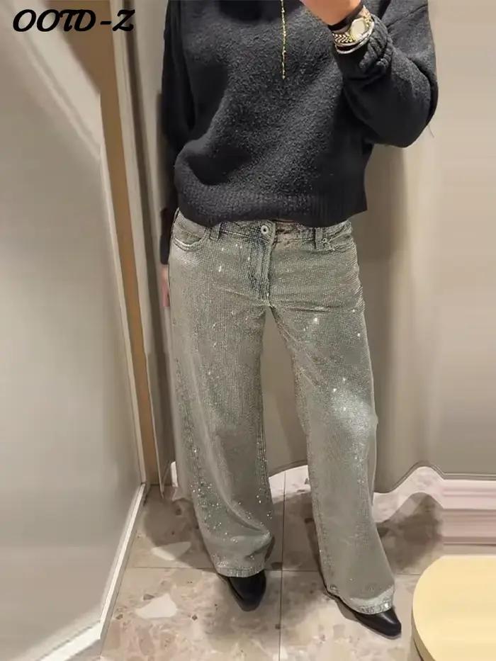 Jean chic à strass étoiles brillantes pour femme – Pantalon long droit taille mi-haute décontracté et polyvalent pour l'été et l'automne