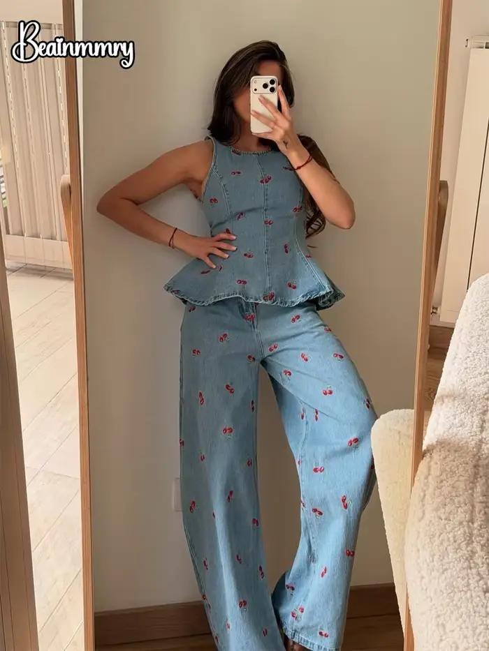 Ensemble deux pièces en jean imprimé sans manches pour femme haut court élégant pantalon large tenue de rue tendance 2026 occasions décontractées été rentrée scolaire