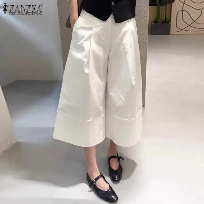 ZANZEA femmes décontracté mollet longueur pantalon élastique dos taille couleur unie jambe large recadrée