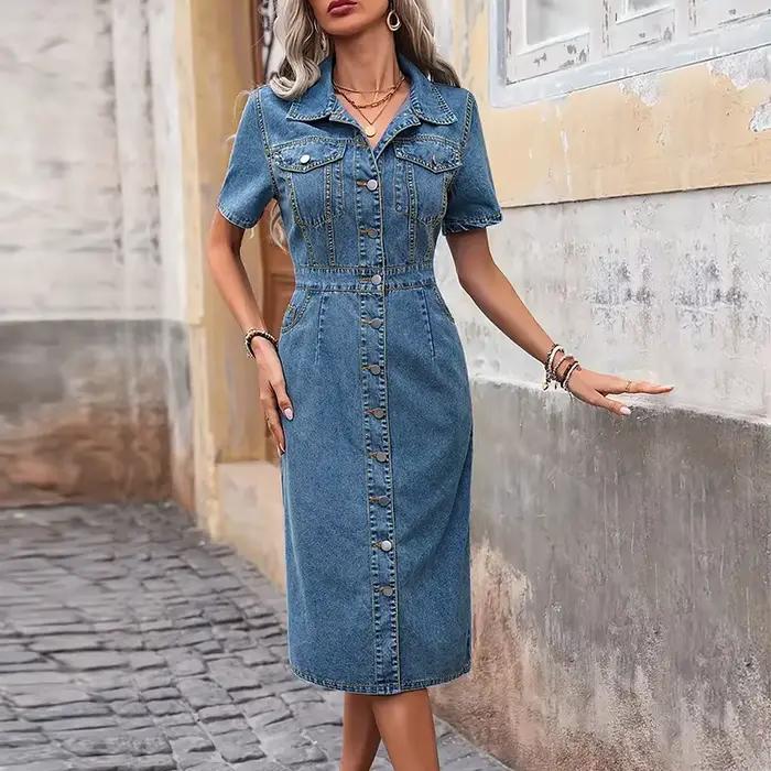 Benuynffy grande taille Vintage simple boutonnage lavé Denim robe femmes été col rabattu manches courtes décontracté robes mi-longues