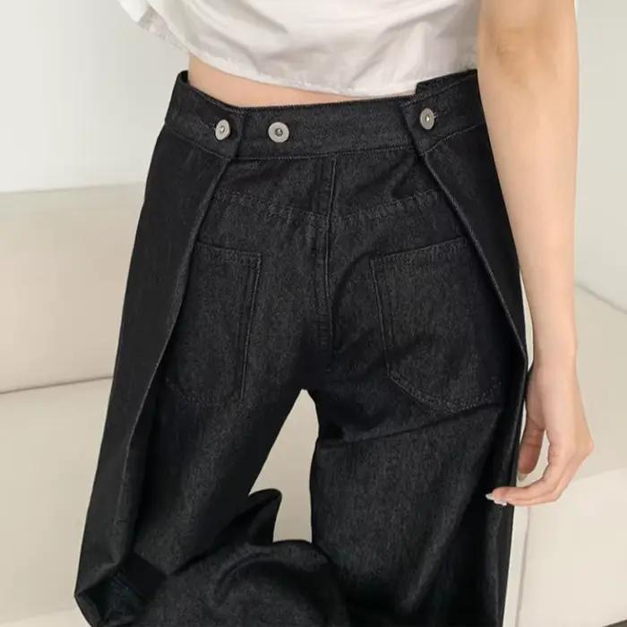 Pantalon denim taille haute pour femmes avec jambes larges, style décontracté, matériau adoucissant, fermeture bouton volant, disponible en noir et différentes tailles