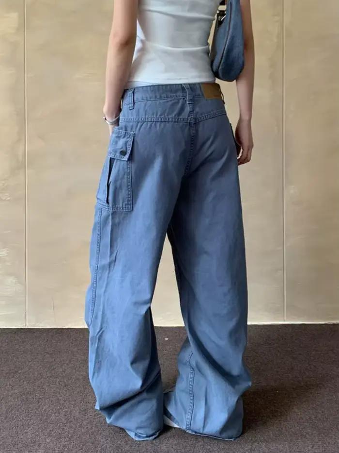 2025 Cyber Y2K mode bleu Baggy plissé Cargo jean pantalon pour femmes vêtements droit coréen décontracté pantalons longs Ropa Mujer