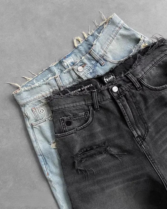 Reaven haute qualité noir Punk lavé Denim Shorts hommes été Hip Hop déchiré trou bord brut Jorts Y2k rétro rue Jean