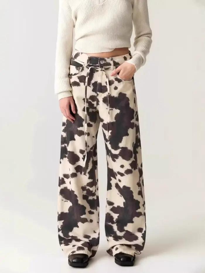 HOUZHOU Vintage vache imprimé jean femmes Y2k Baggy Hip Hop lavé Denim pantalon Grunge rétro Streetwear jambe large