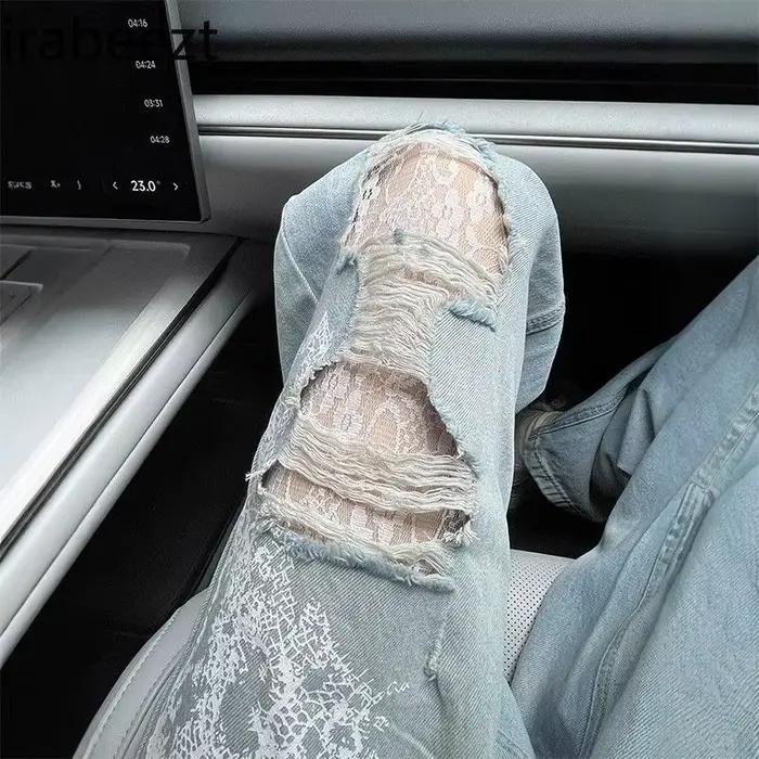 Jean déchiré en dentelle à jambes larges pour femmes