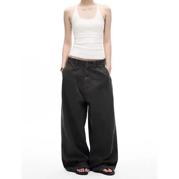 ZHIZOU Jean gris femme coupe large pantalon