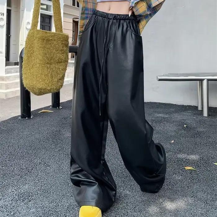 Pantalon décontracté en cuir PU noir pour femmes, ample et large, coupe amincissante, confortable et élégant, automne et hiver