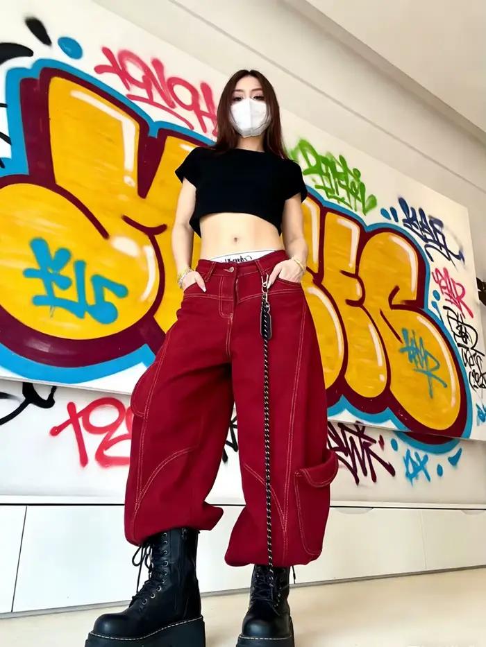 Jean Rue Vintage Y2K Harajuku Rouge Baggy Pantalon Taille Haute Pour Femmes Occasions Spéciales
