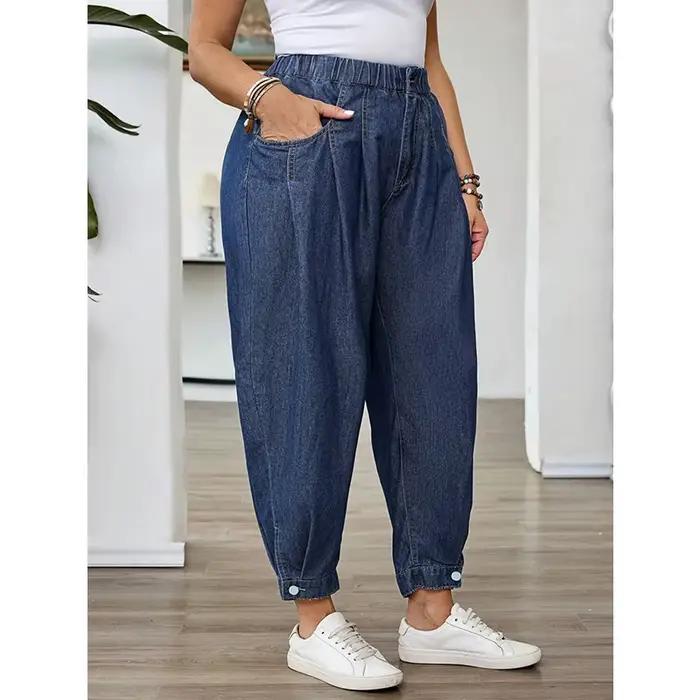 Benuynffy – Jean Lanterne Bleu Délavé Vintage Grande Taille pour Femme