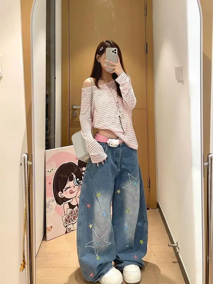 Jean brodé étoile Style de rue Vintage pour femmes