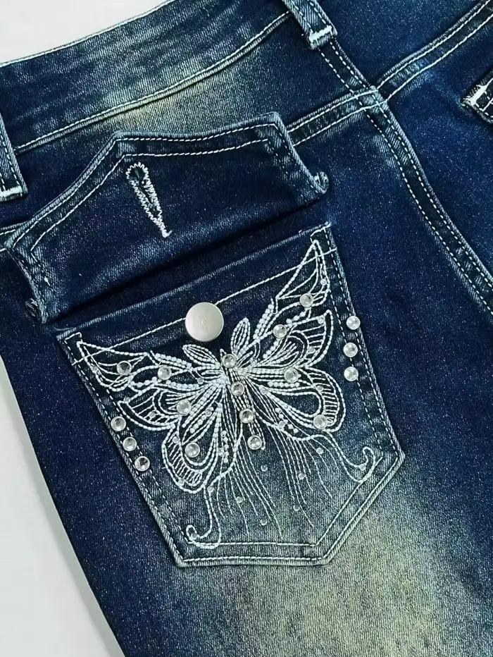 Jean Y2k pour femme, pantalon en Denim évasé taille haute bleu avec broderie