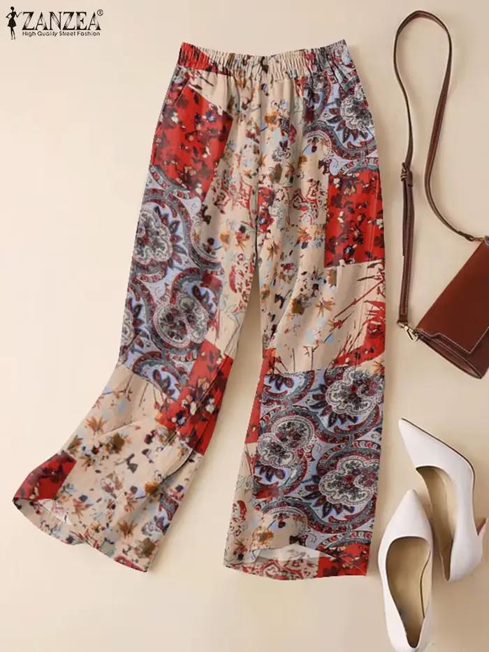 ZANZEA femme décontracté jambe large Pantalon Vintage Floral Paisley imprimé taille élastique