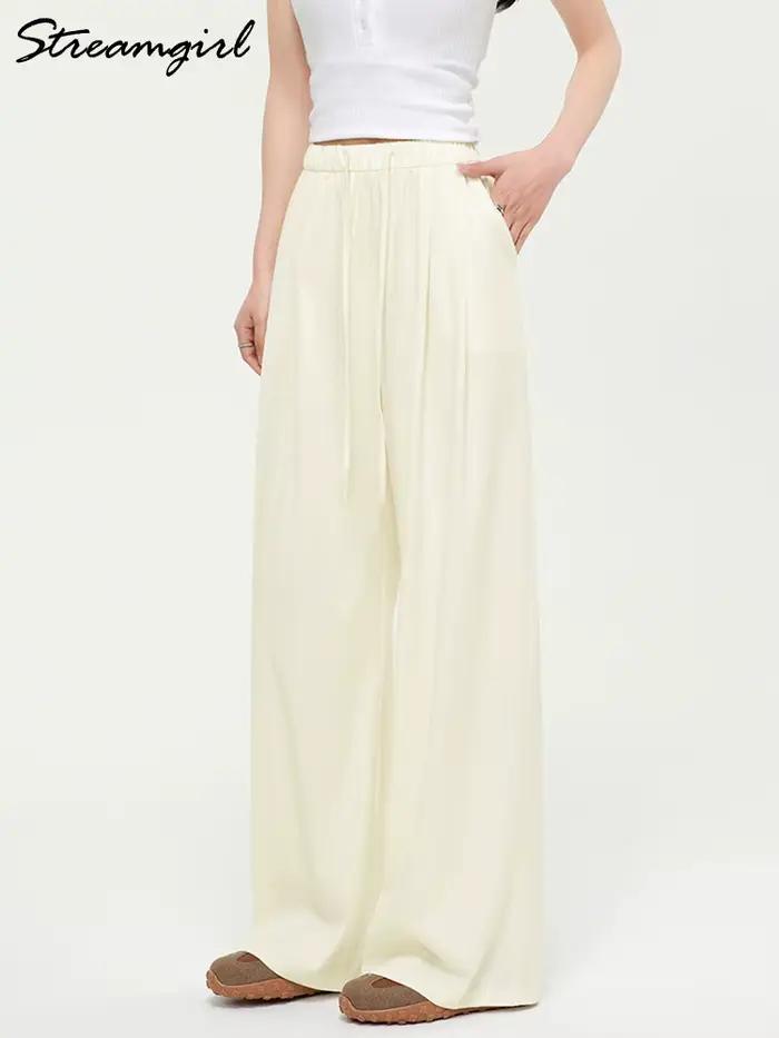 Été mince Lyocell jean femmes taille élastique glace soie jambe large Denim pantalon rose Baggy
