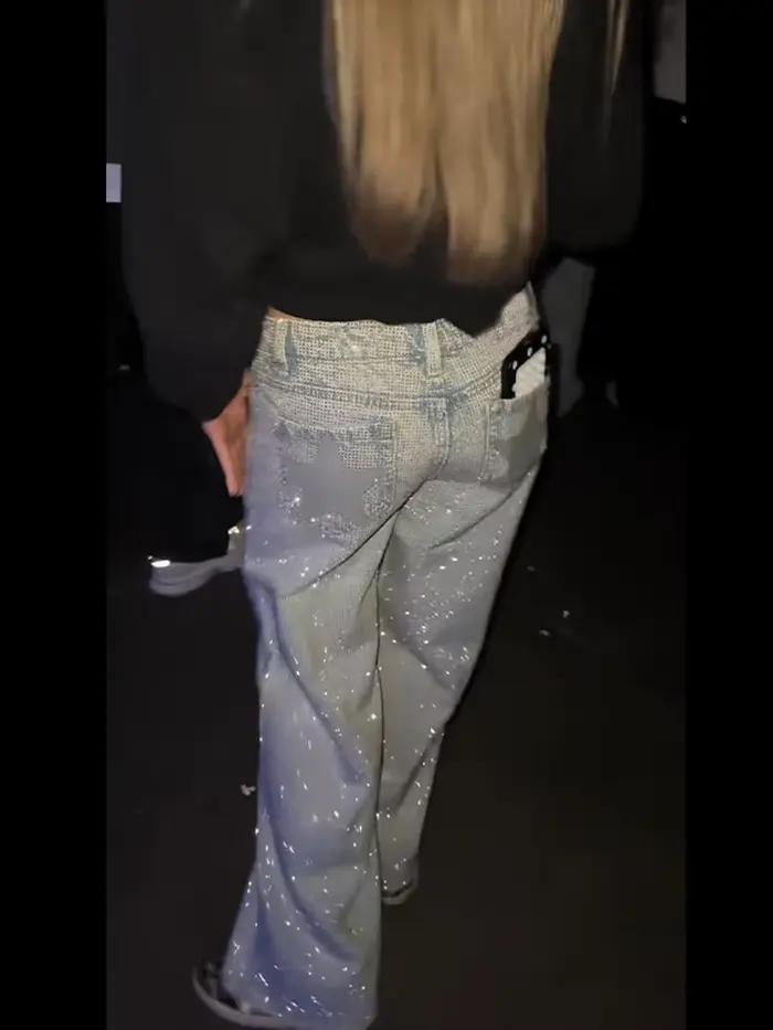 Jean chic à strass étoiles brillantes pour femme – Pantalon long droit taille mi-haute décontracté et polyvalent pour l'été et l'automne