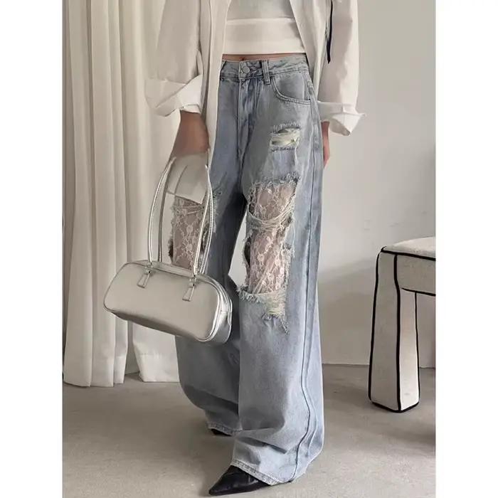 Dentelle déchirée américaine rétro Y2K années 2000 épissée ​ ​ Jean femme ample jambes larges 2025 Style d'été Design taille haute pantalon droit