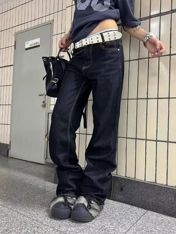 Deeptown Vintage strass femmes jean Y2k Harajuku taille basse Style américain pantalon en Denim droit Baggy Grunge Gyaru rue