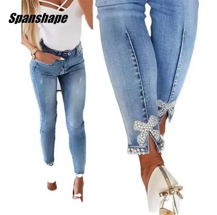 Perles perles jean grande fille taille haute jean extensible mignon nœud mode maigre Denim pantalon élégant Simple lavé arc perlé