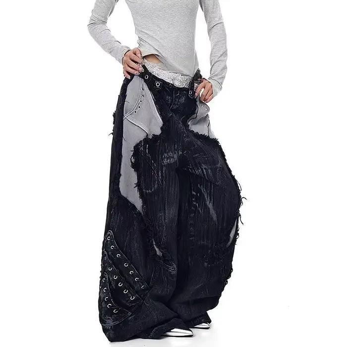 Pantalon baggy en denim coton-polyester style américain rétro pour femmes occasions toute l'année rock vintage