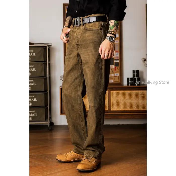 Jean en denim délavé marron vieilli coupe droite pour homme