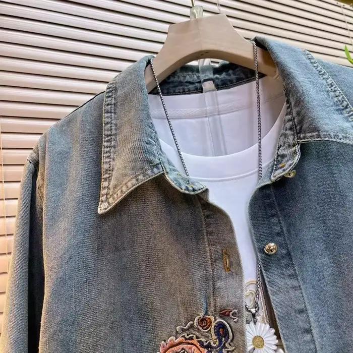 Chemise en jean femme 2025 nouveau printemps été broderie ample à manches longues dames hauts Style rétro mode coréenne