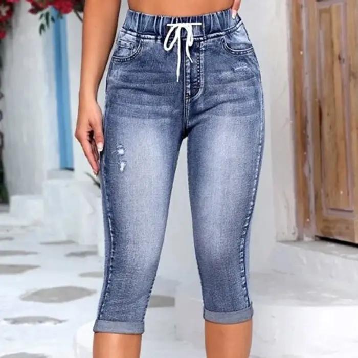 Femmes Capri Baggy jean mode mince à lacets taille recadrée Denim pantalon été décontracté