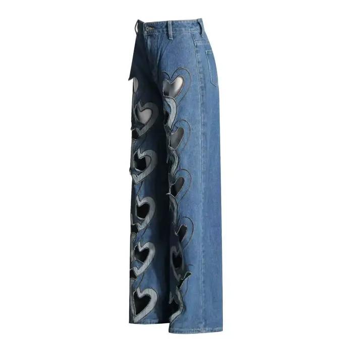 Tendance mode Jeans Femme Été 2026 Nouveauté Taille haute Imprimé Design ajouré Pantalon droit à jambe large