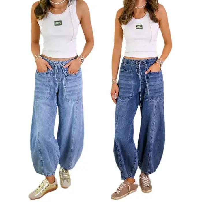 Jean Denim pantalon femmes pantalons longs à lacets taille haute élastique maman