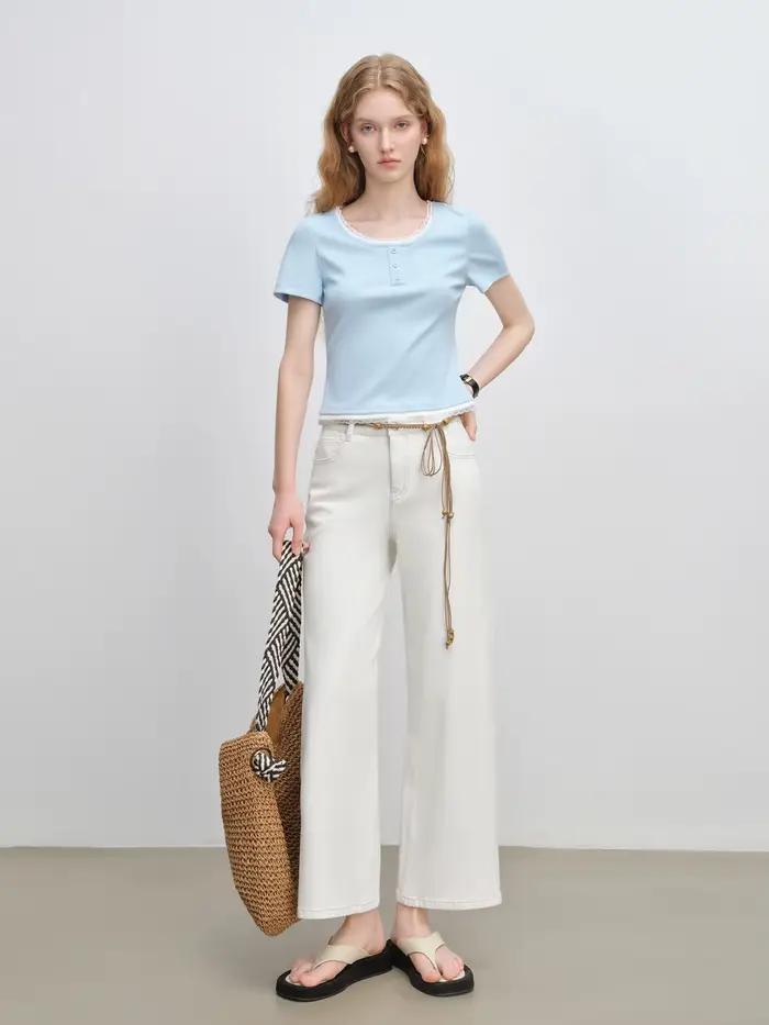 ZIQIAO haute élastique neuf points jean blanc pour les femmes 2025 été nouveau pantalon droit taille