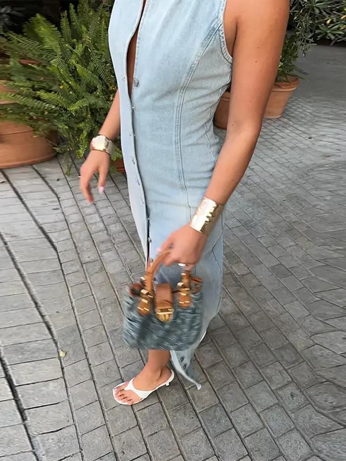 Revers sans manches Denim longues Robes femmes Sexy col rabattu simple boutonnage taille cintrée hanche paquet robe