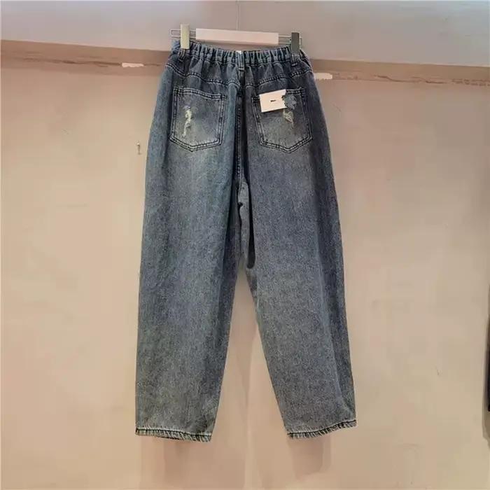 Mode strass lavé déchiré graphique Jean Style de rue femmes Denim pantalon taille haute perlé paillettes jambe droite