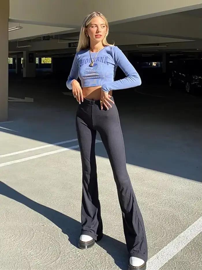 Pantalon noir taille haute décontracté Vamos Todos pour femmes, pantalon évasé streetwear, polyester et élasthanne, sortie nocturne, tout l'année