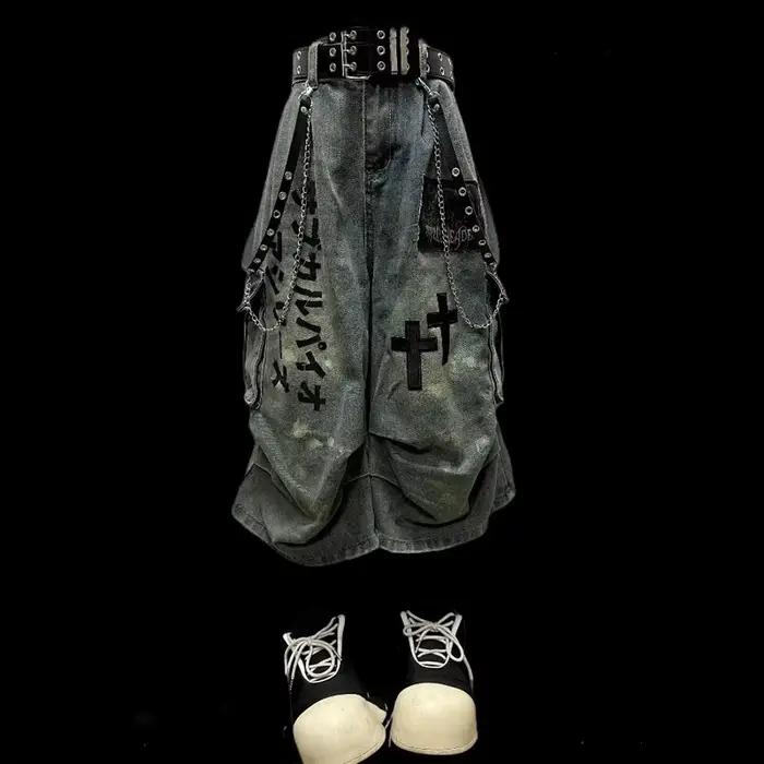 S-4XL Goblin Core Cross Denim Jorts Shorts Y2k mollet longueur Jean pantalon japonais Cyber Punk Grunge unisexe jambe large pantacourt