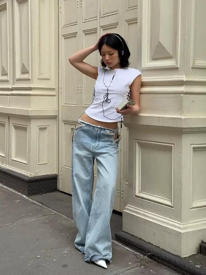 Jeans Y2K à franges en strass pour femmes, taille basse, denim ajouré, style streetwear chic et doux, haute couture printemps été 2026