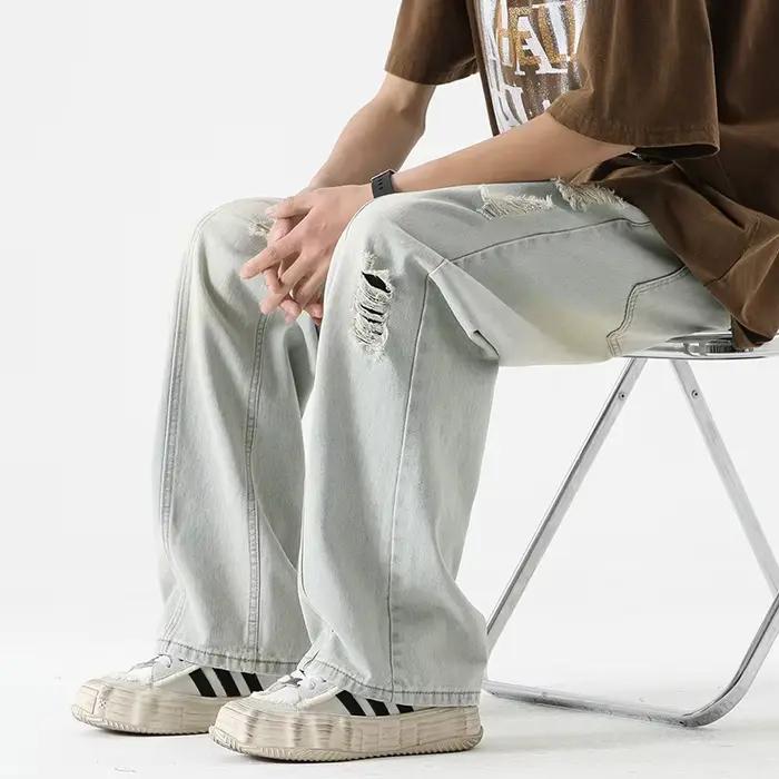 Jean déchiré 2026 d'été pour homme, coupe droite, délavé, avec lacets, fin
