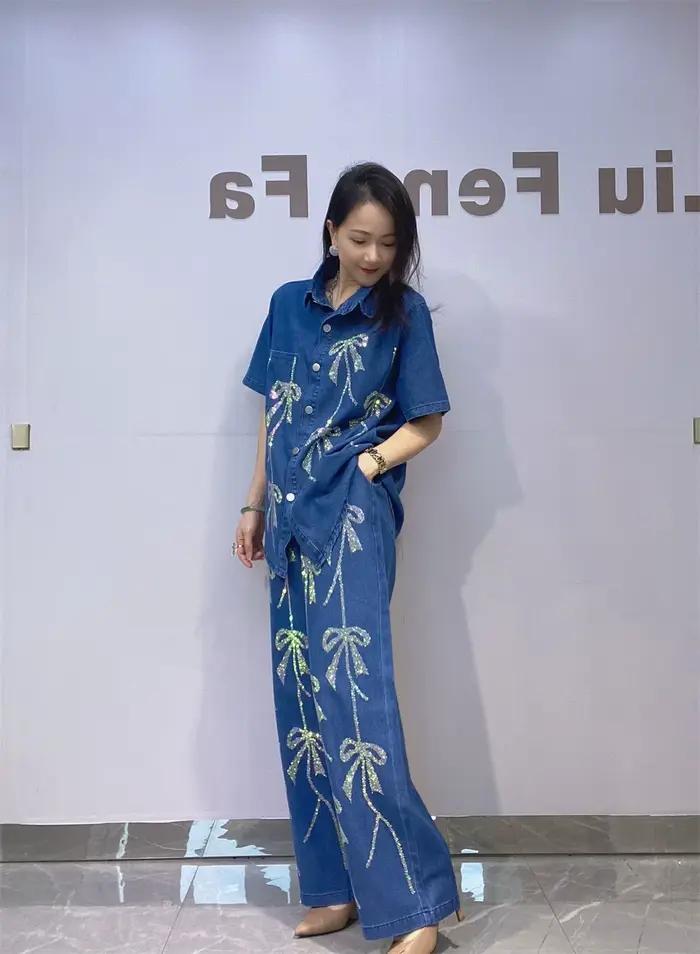 Ensemble 2 pièces en Denim à manches courtes pour femmes